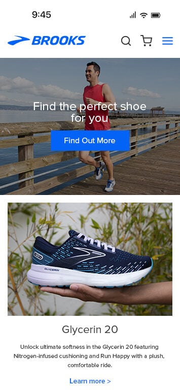Brooks Running website in a mobile view screenshot