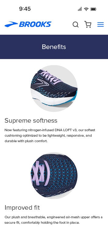 Brooks Running website in a mobile view screenshot