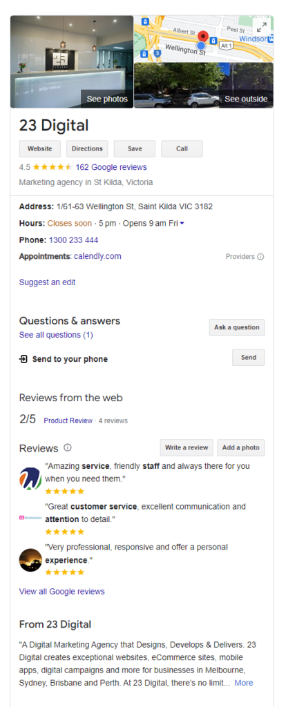 Optimised GMB page for 23 digital