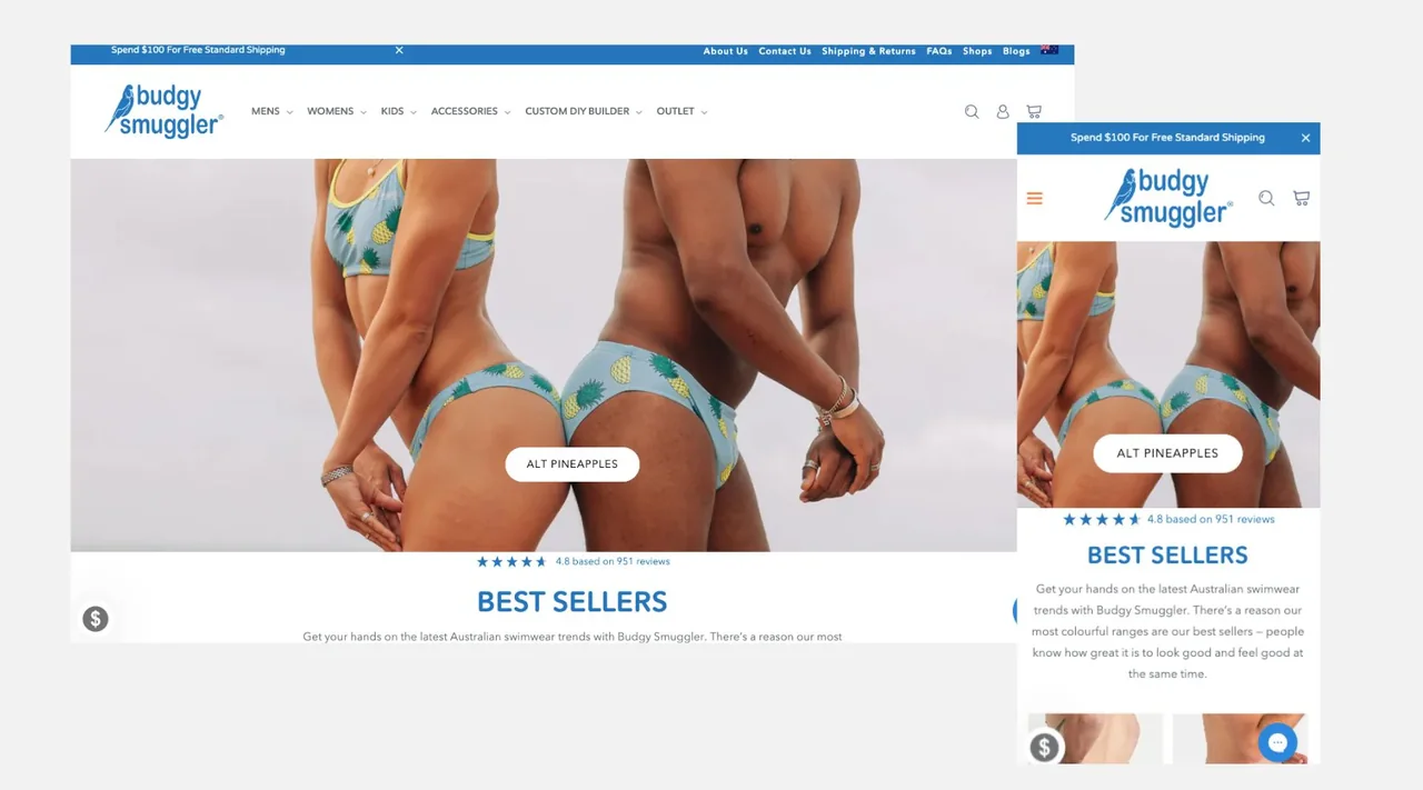 Screenshot of Budgy Smuggler Australian Shopify store