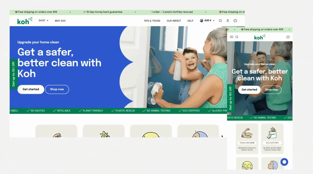 Screenshot of Koh Australian Shopify store